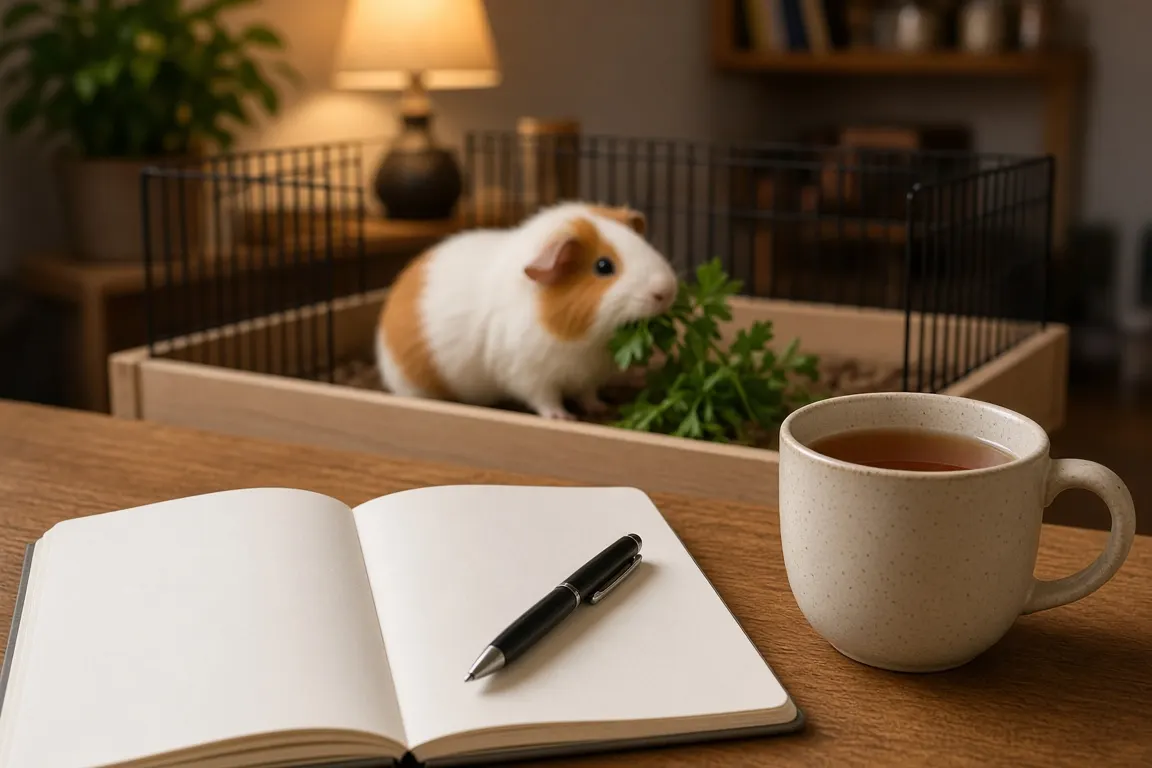 A kitchen table with an open notebook, a cup of tea and a guinea pig nibbling parsley in a pen in the background