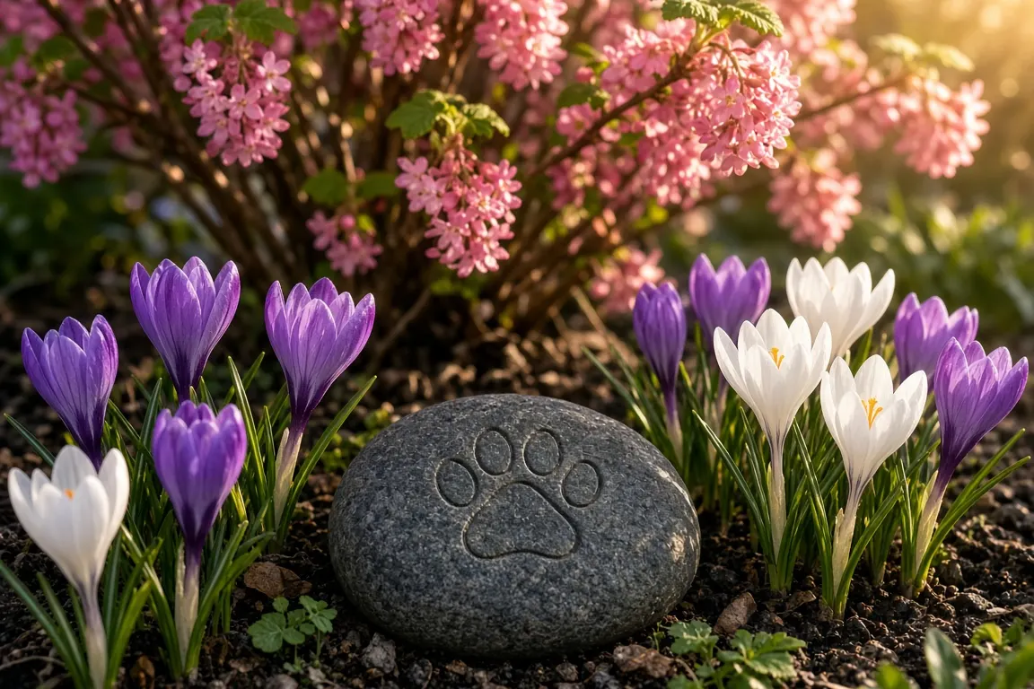 A small engraved slate stone among spring crocuses at the foot of a flowering currant bush