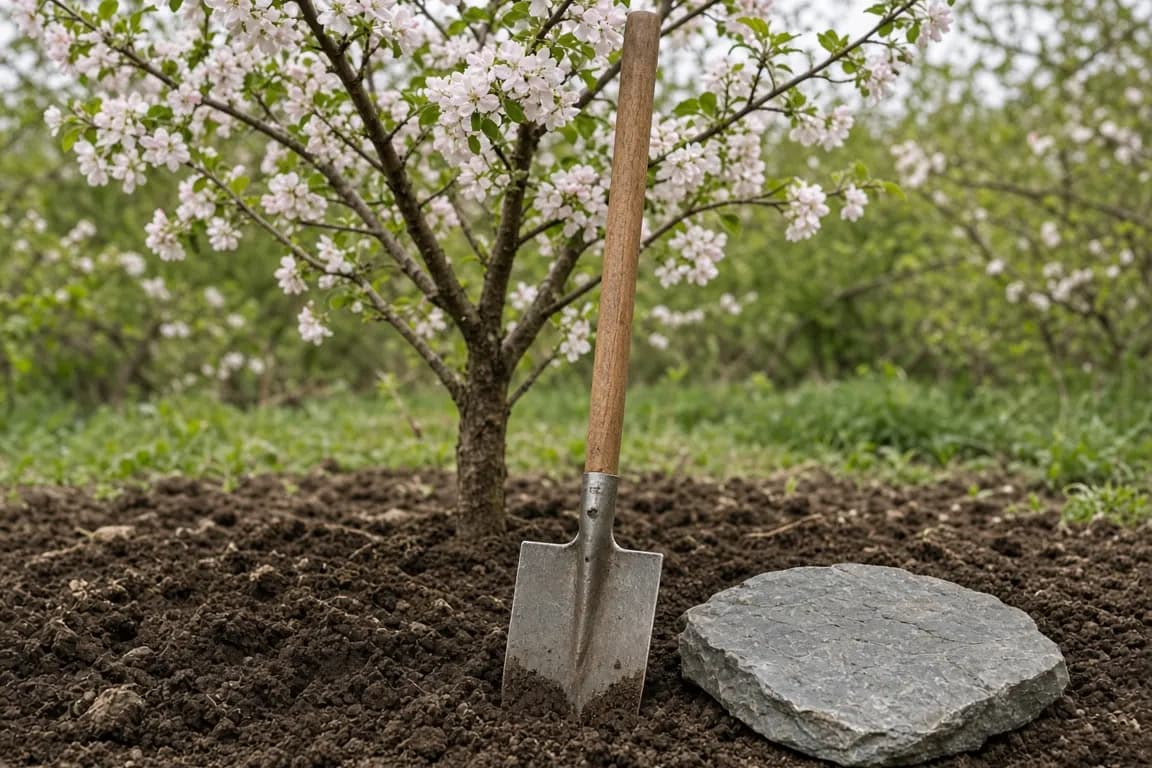 A garden spade standing in freshly turned earth beside a flat gray stone slab under a young apple tree