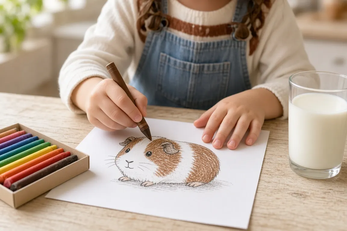 A child's hands coloring a crayon drawing of a brown and white guinea pig on a kitchen table, with a box of crayons and a glass of milk nearby