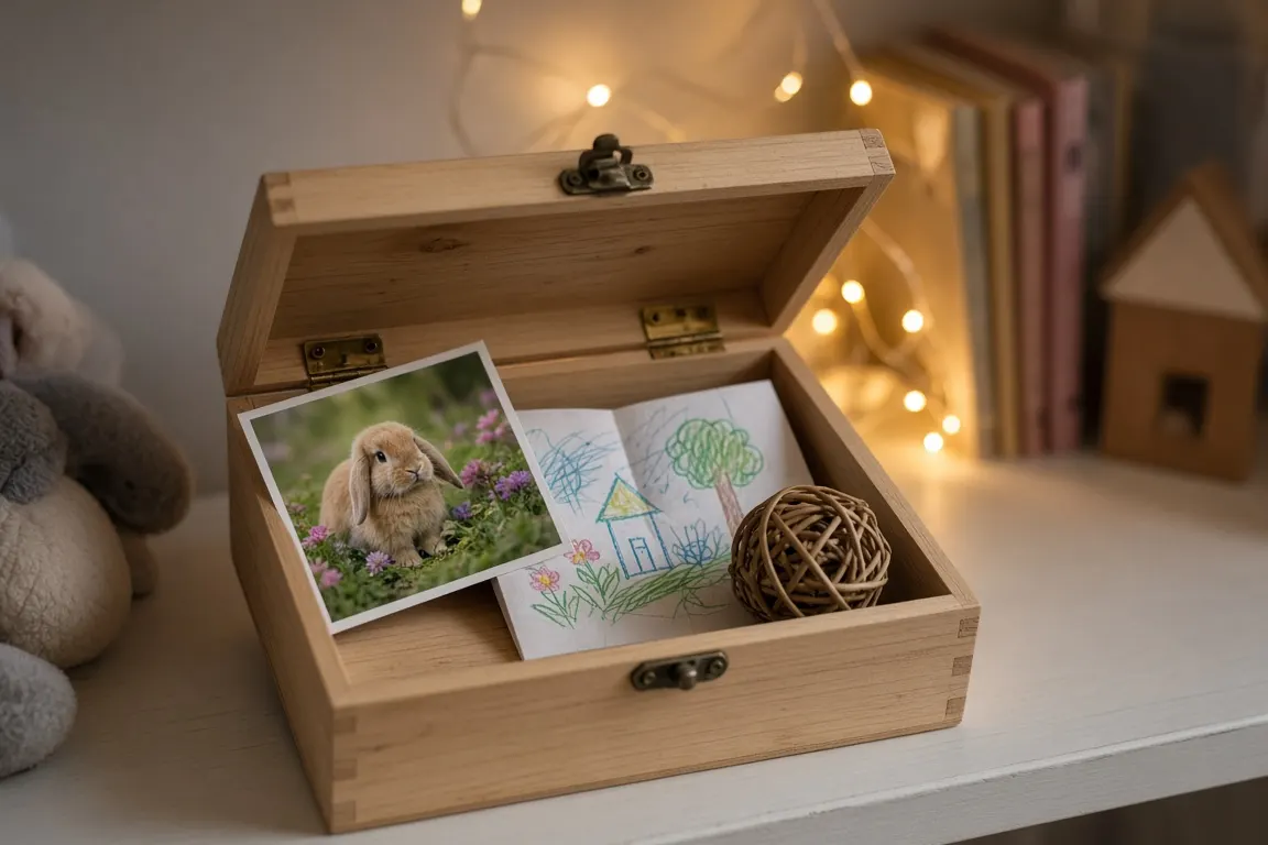 An open wooden memory box on a child's bedroom shelf holding a photo of a rabbit, a crayon drawing and a small willow chew ball
