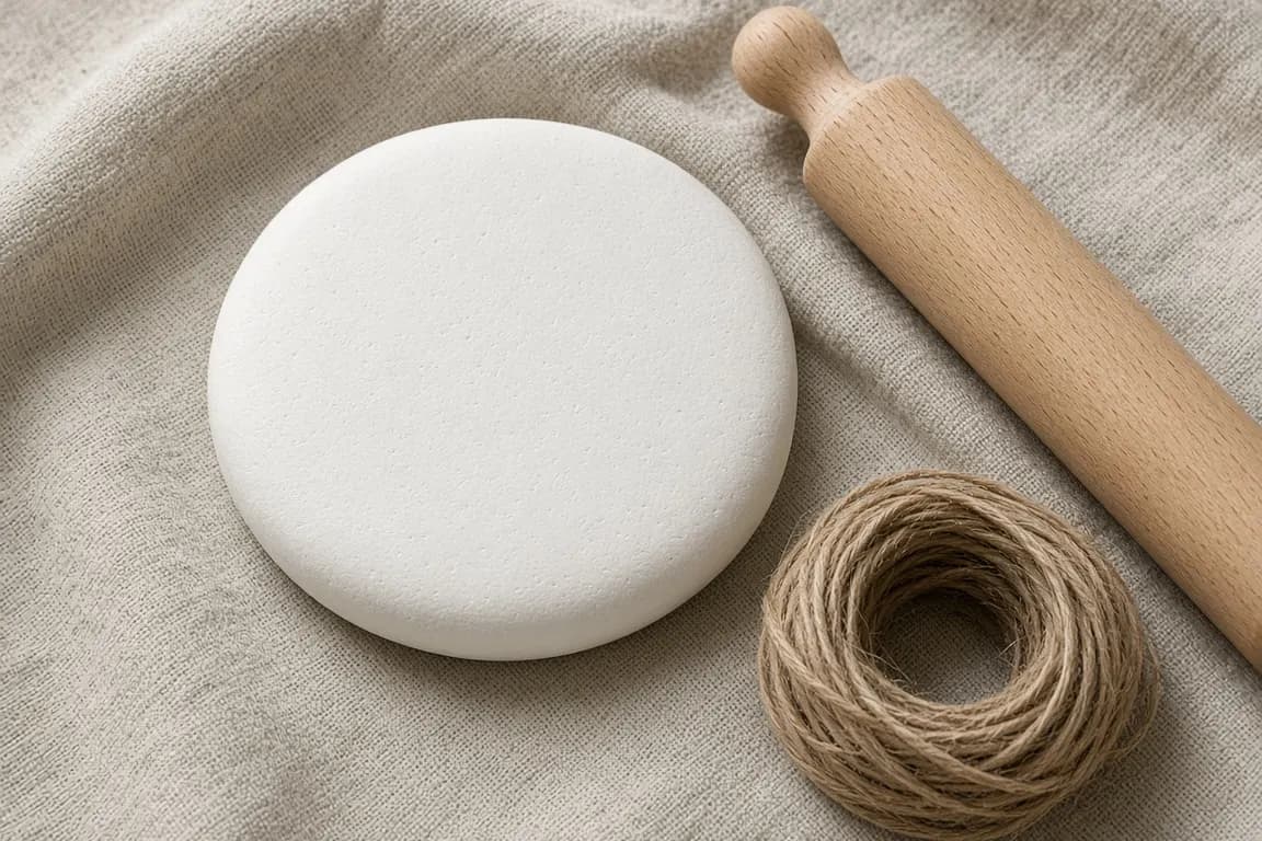 A round disc of white air-dry clay, a small wooden rolling pin and a length of twine on a linen cloth