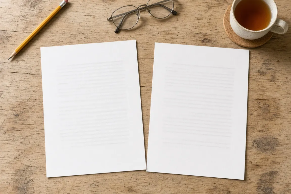 Two printed price sheets side by side on a kitchen table with a pencil, reading glasses and a mug of tea