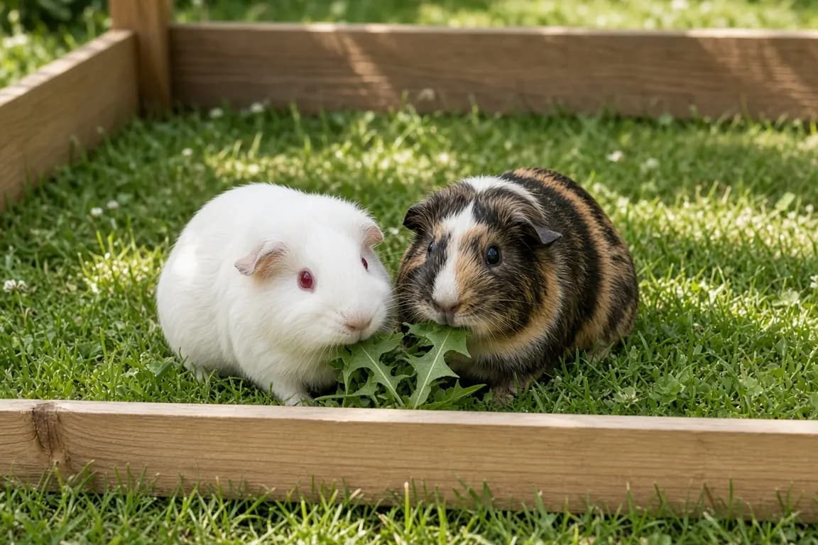 Two guinea pigs, one white and one tortoiseshell, eating dandelion leaves side by side on a lawn