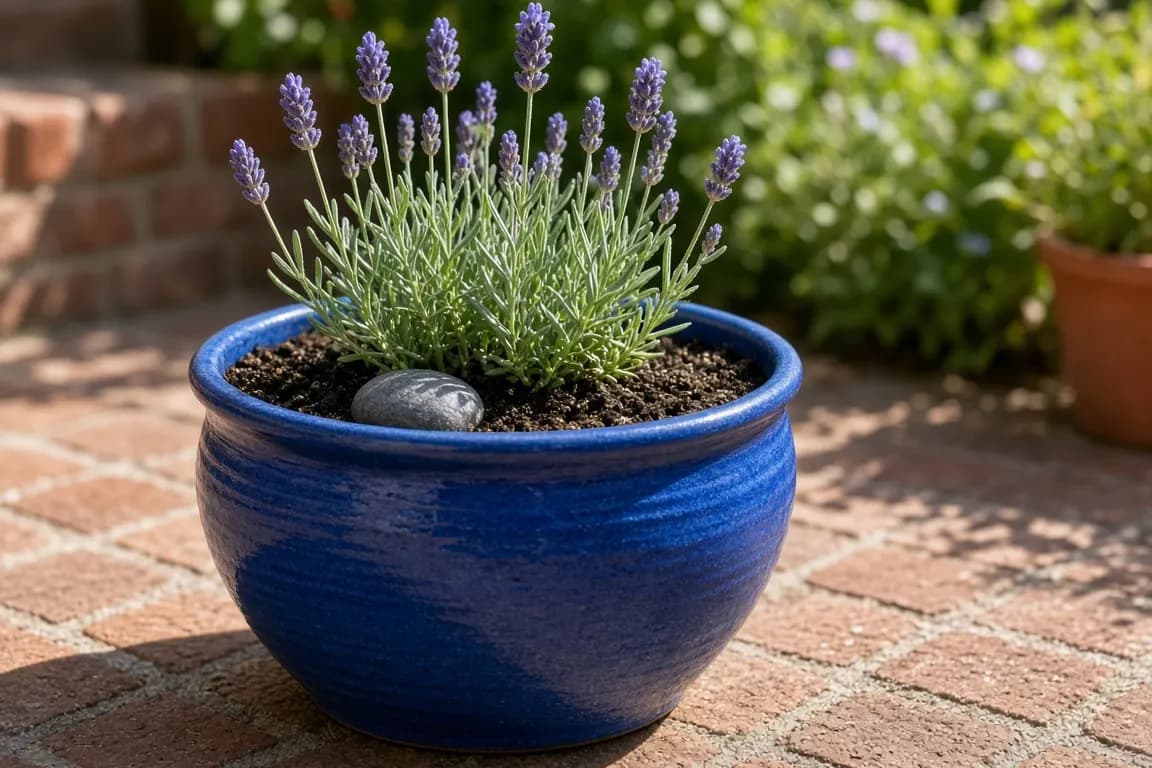 A large glazed blue planter with young lavender plants on a sunny patio, a smooth gray pebble on the soil