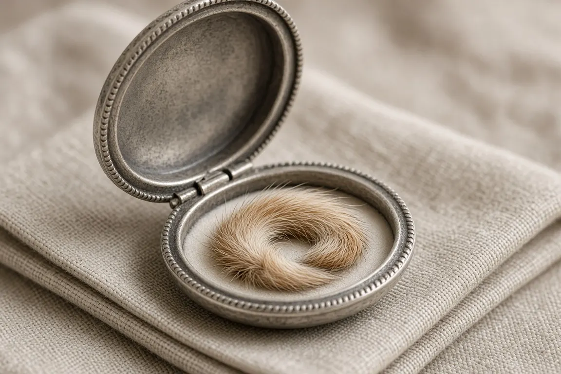 An open silver oval locket holding a small curl of cream-and-ginger guinea pig fur, resting on a folded linen napkin