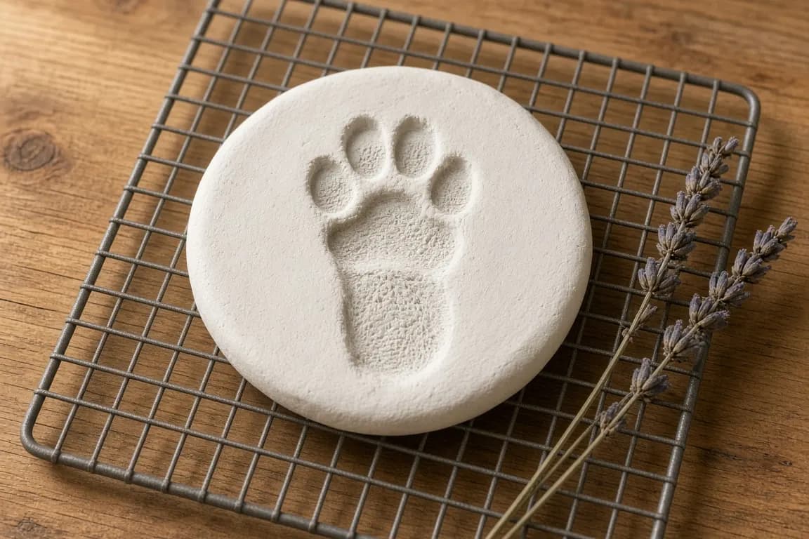A clay disc bearing a small rabbit hind-foot impression, drying on a wire rack beside a sprig of dried lavender