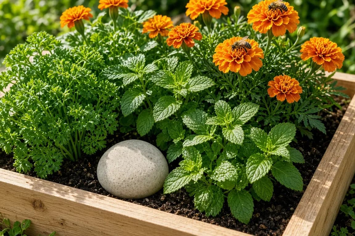 A small raised bed of parsley, mint and marigolds with a smooth river stone set among the plants