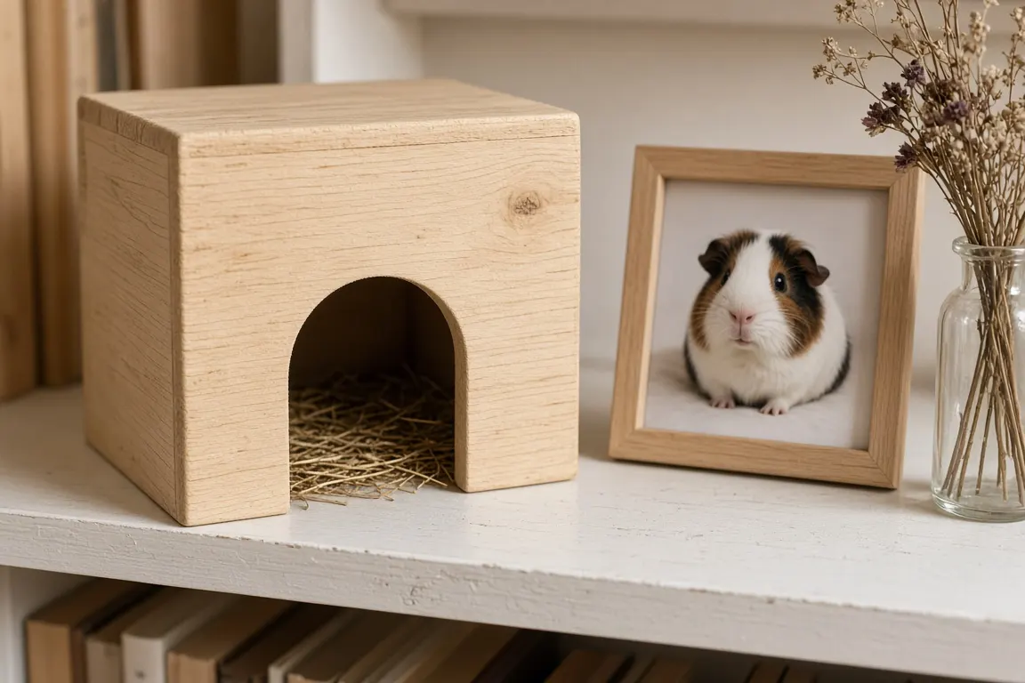 A small wooden hidey house on a bookshelf beside a framed photo of a guinea pig and a sprig of dried meadow flowers