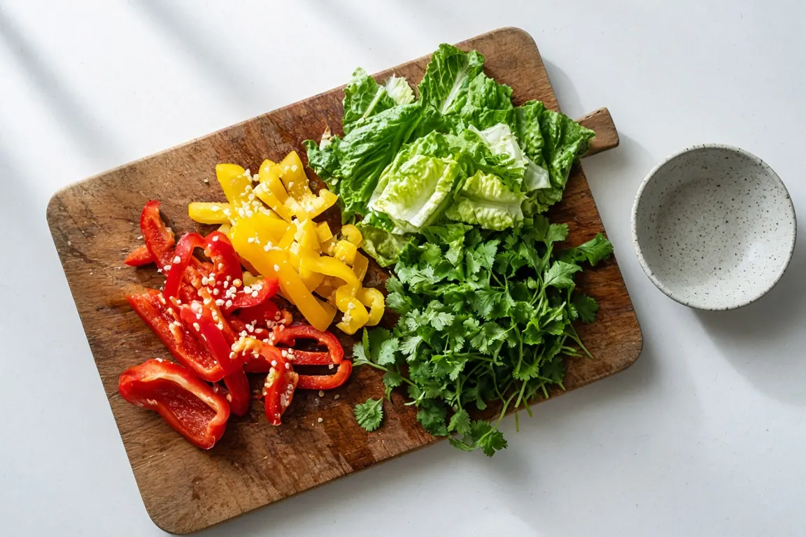 A wooden chopping board on a kitchen counter with sliced bell pepper, romaine leaves and a bunch of cilantro beside a small ceramic bowl