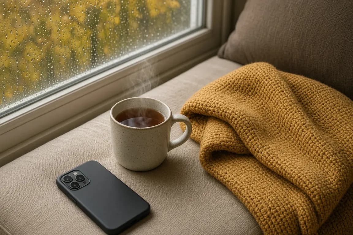 A mug of tea and a phone resting on a cushioned window seat beside a folded knitted blanket, soft autumn light through the glass