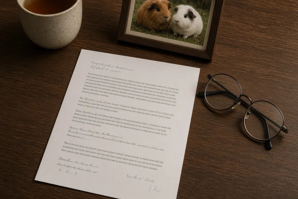 A printed one-page plan with handwritten notes on a wooden desk beside a mug of tea and a photo of two guinea pigs