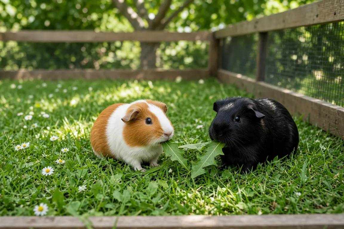 Two young guinea pigs, one ginger and white and one black, eating dandelion leaves side by side on a lawn in summer