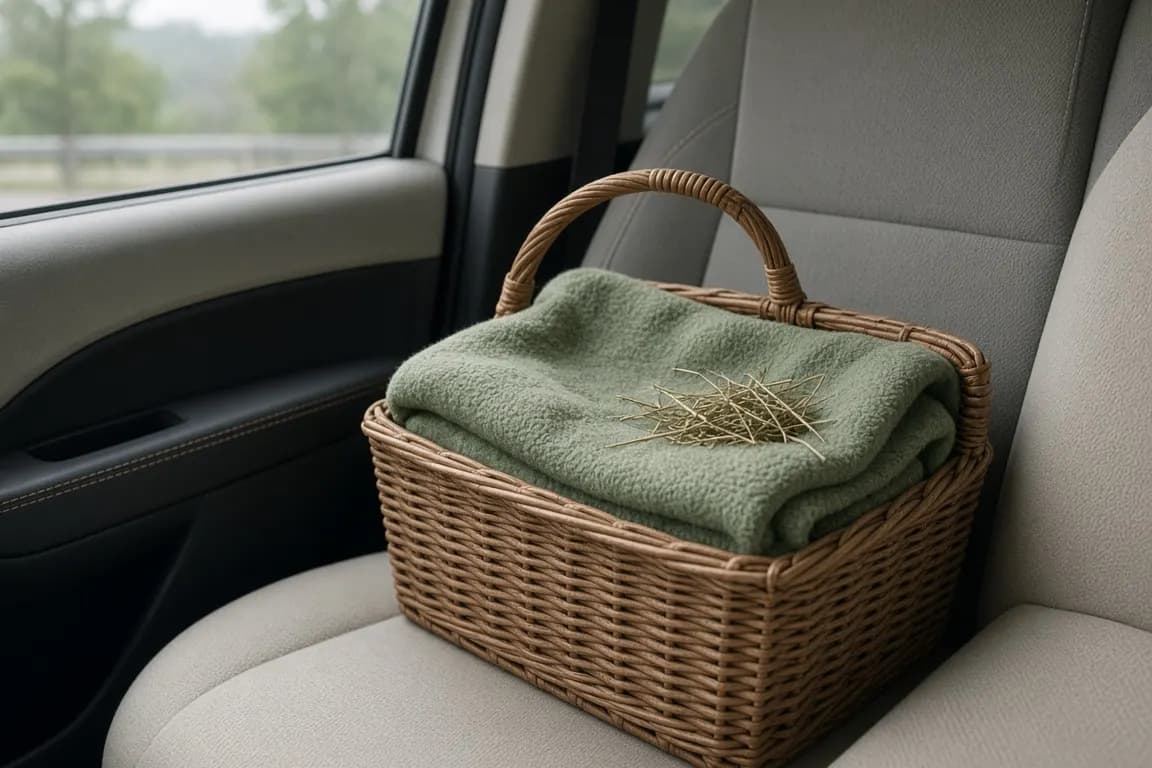 A small wicker pet carrier lined with a sage-green fleece blanket on the passenger seat of a car in soft morning light
