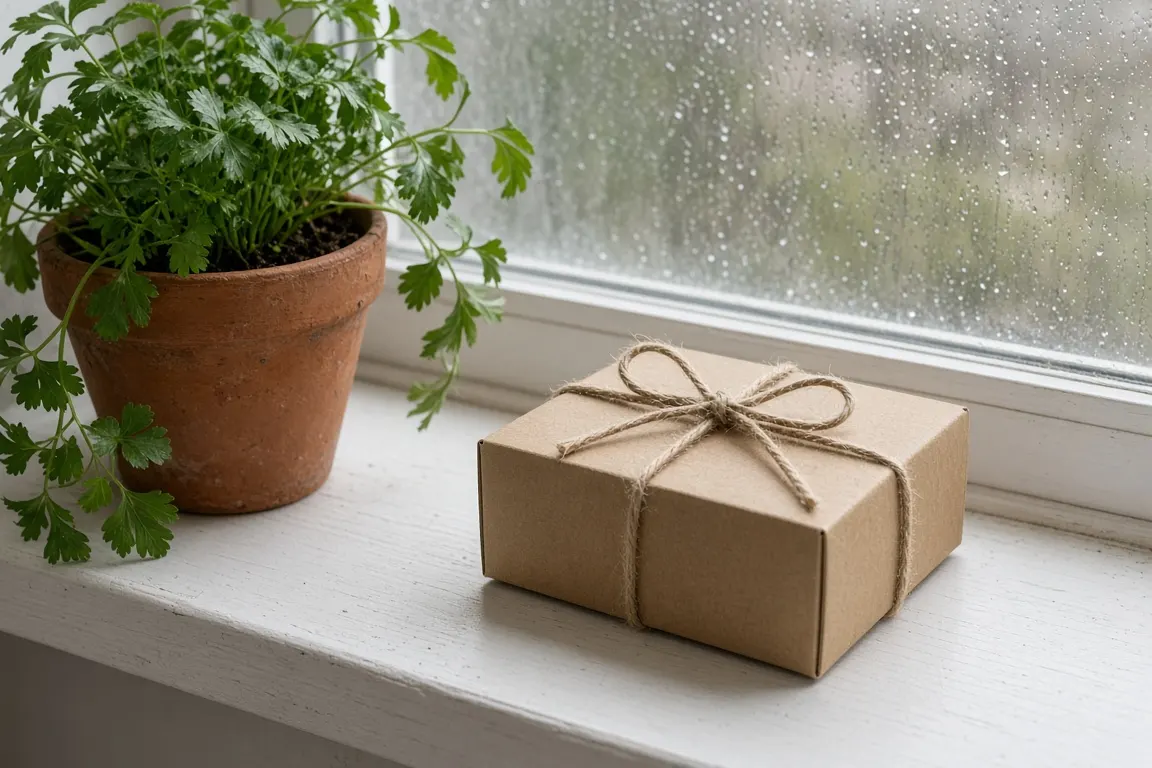 A small kraft-paper gift box tied with twine resting on a windowsill beside a potted parsley plant