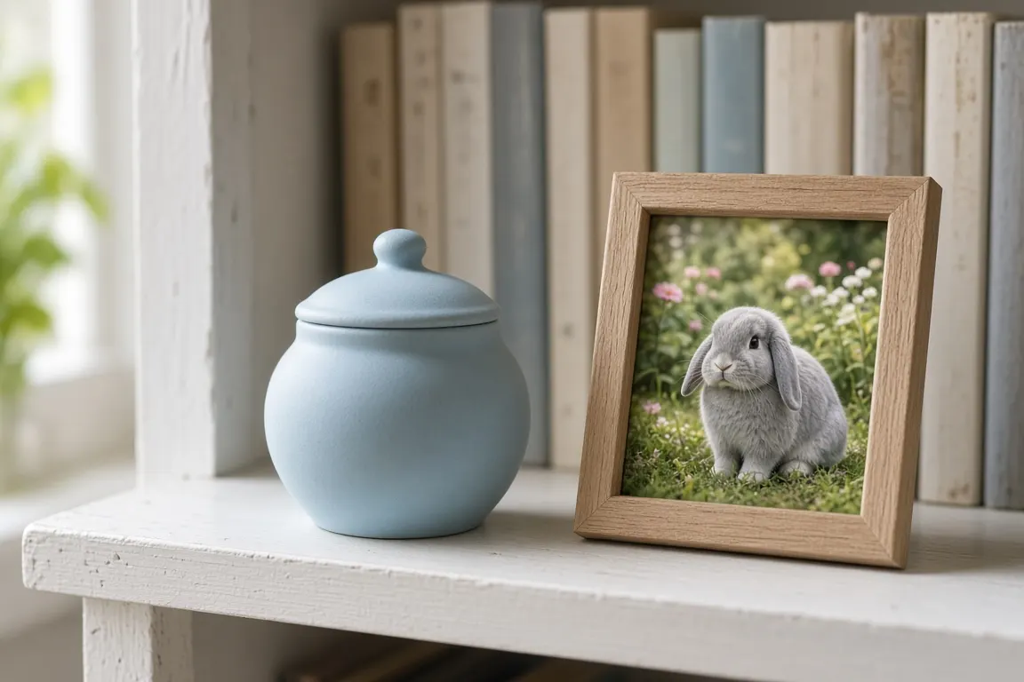 A palm-sized pale blue ceramic urn on a bookshelf next to a small framed photo of a lop-eared rabbit in a garden
