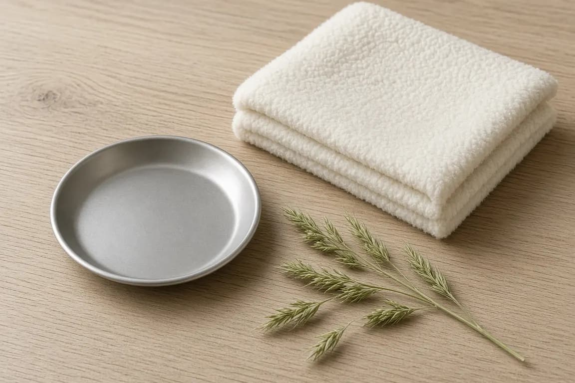 A small brushed-steel tray beside a folded cream fleece and a sprig of timothy hay on a wooden bench