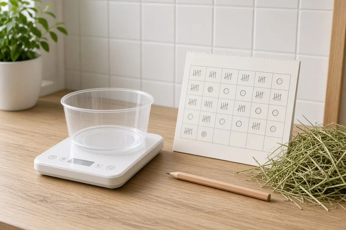 A paper wall calendar with small hand-drawn ticks beside a digital kitchen scale holding an empty plastic tub on a kitchen counter