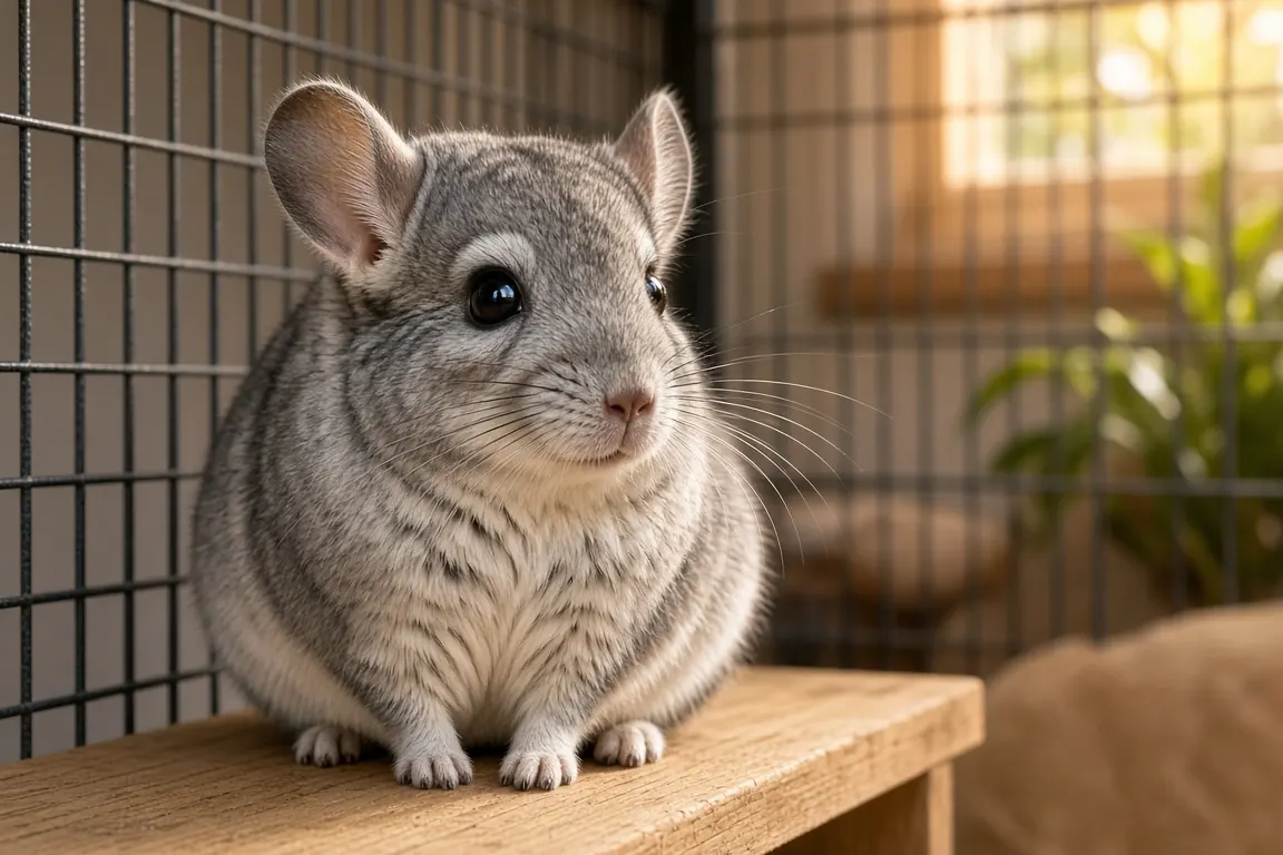 An elderly gray chinchilla with a slightly graying face sitting on a wooden ledge in a large cage, lit by afternoon window light