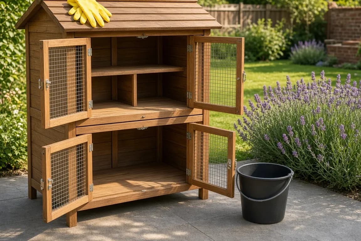 An empty, freshly cleaned outdoor rabbit hutch with its doors open in a sunny garden, rubber gloves folded on top