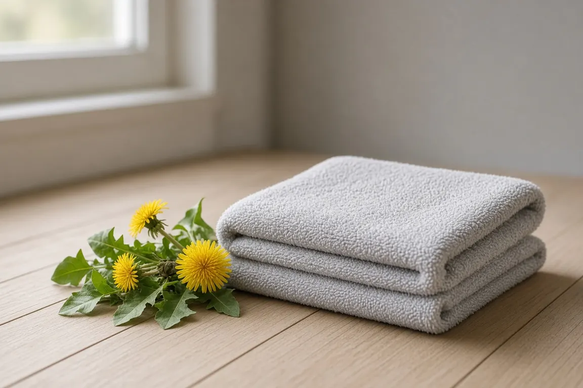 A folded soft gray towel and a small bunch of fresh dandelions resting on a wooden floor in quiet morning light