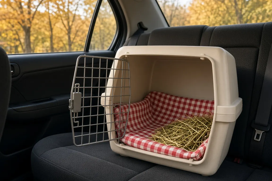 A cream plastic pet carrier lined with a soft checked towel sitting on a car's back seat, a small bundle of hay tucked inside
