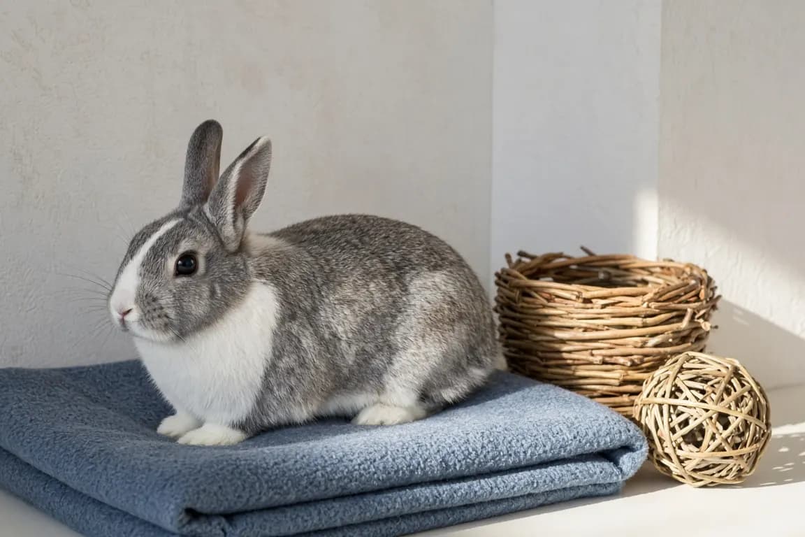 A gray Dutch rabbit resting on a folded blue fleece blanket in a quiet corner of a sunlit room, beside a small willow basket