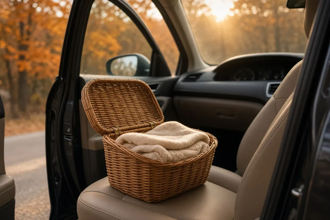 An empty wicker pet basket lined with a folded cream blanket on the passenger seat of a car parked under autumn trees