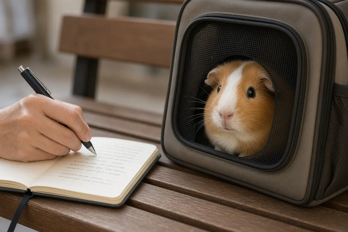 A hand writing questions in a small notebook on a clinic waiting-room bench beside a padded pet carrier with a guinea pig inside