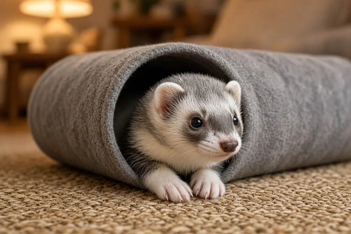 A silver mitt ferret peeking out of a soft fabric tunnel on a living-room rug