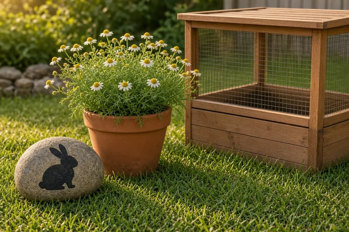 A painted river stone and a pot of flowering chamomile beside an empty wooden rabbit run in a summer garden