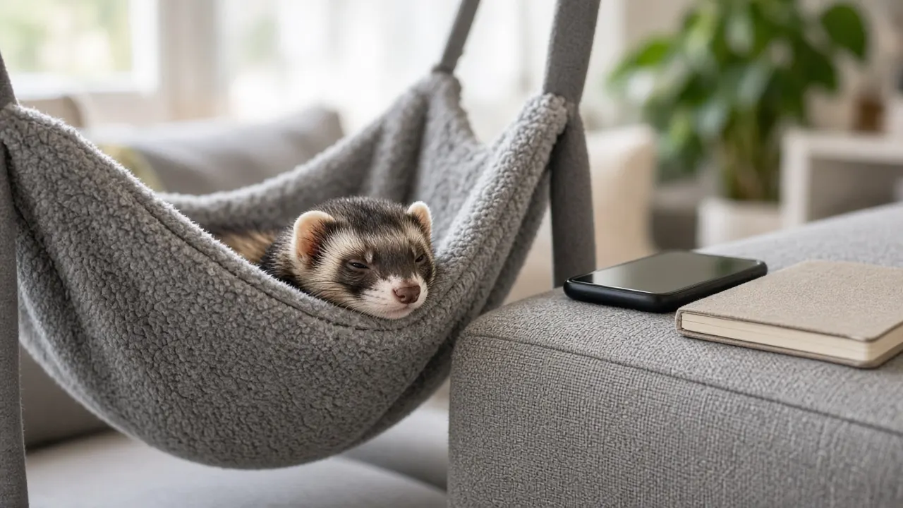 A ferret peeking out of a fleece hammock in a bright living room, with a phone and notepad on the sofa beside it