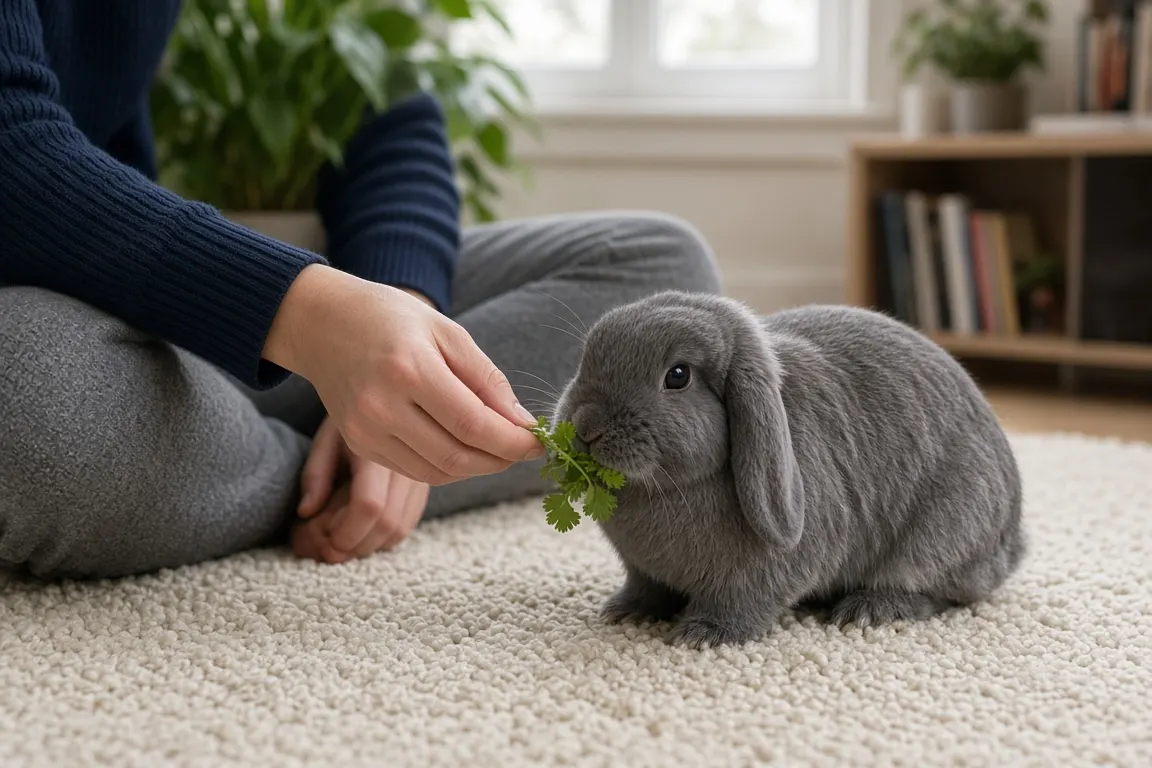 A person sitting cross-legged on a living room rug hand-feeding a sprig of cilantro to a gray lop rabbit