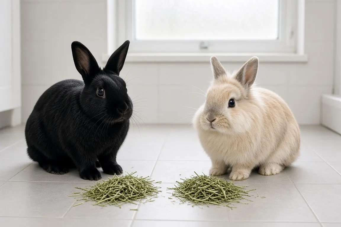 Two rabbits, one black and one cream, sitting cautiously a short distance apart on a bathroom floor with piles of hay between them