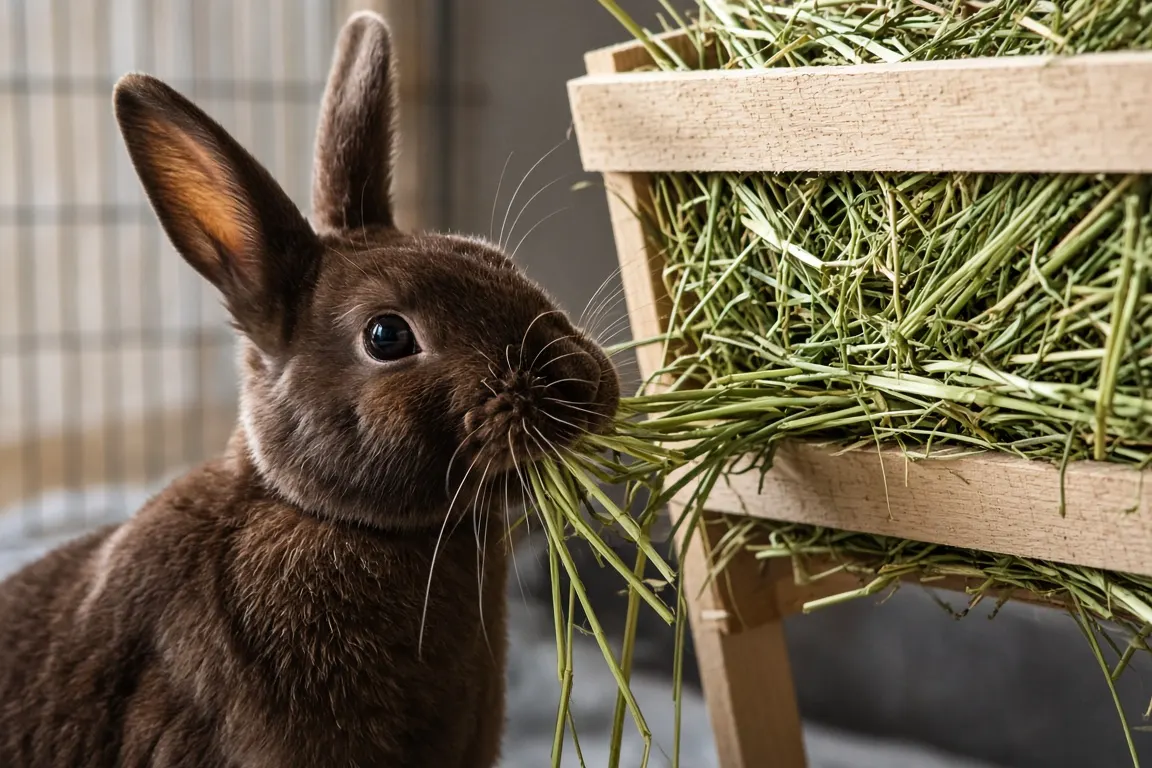 A Rex rabbit with velvety chocolate fur pulling long strands of green timothy hay from a wooden hay rack in morning light