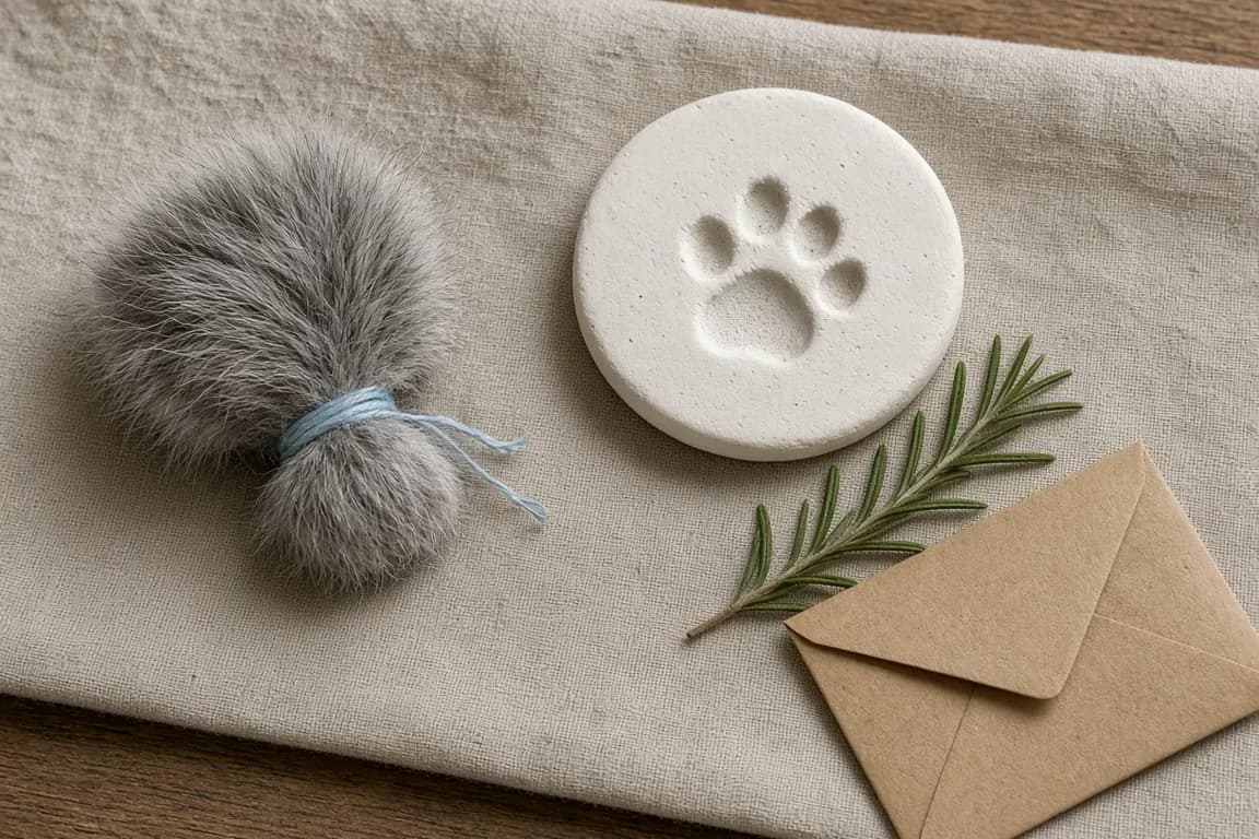 A small tuft of gray rabbit fur tied with blue thread beside a round air-dried clay foot impression on a linen cloth