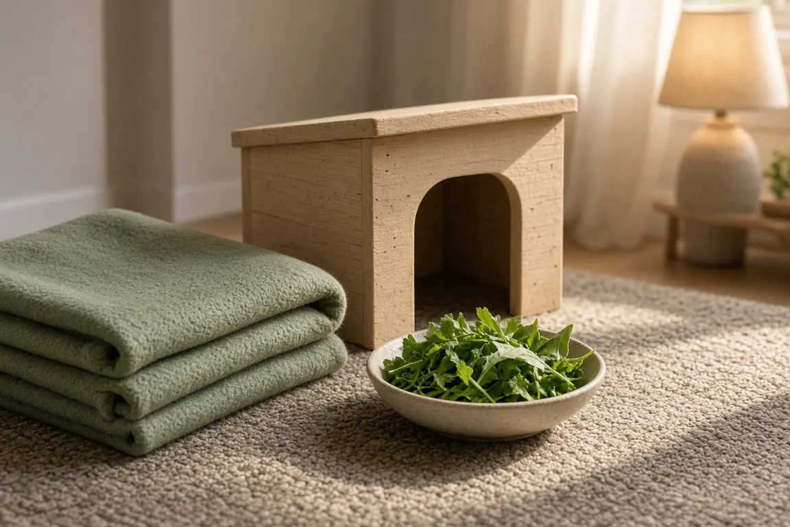 A folded fleece blanket, a wooden hidey house and a bowl of fresh herbs laid out on a rug in a softly lit living room