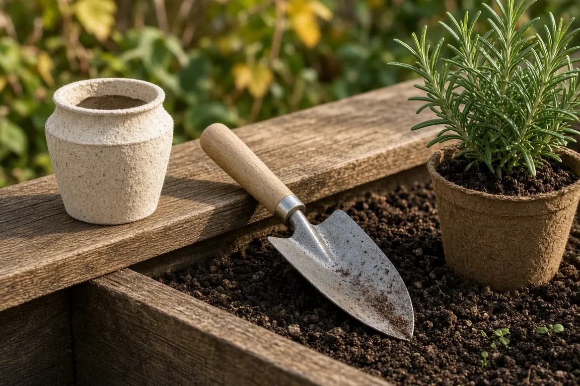 A pale natural-fiber biodegradable urn beside a trowel and a young rosemary plant ready for planting in a raised bed