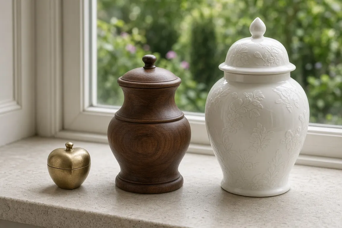 Three small urns of different sizes, a brass heart, a turned walnut box and a white porcelain jar, lined up on a windowsill