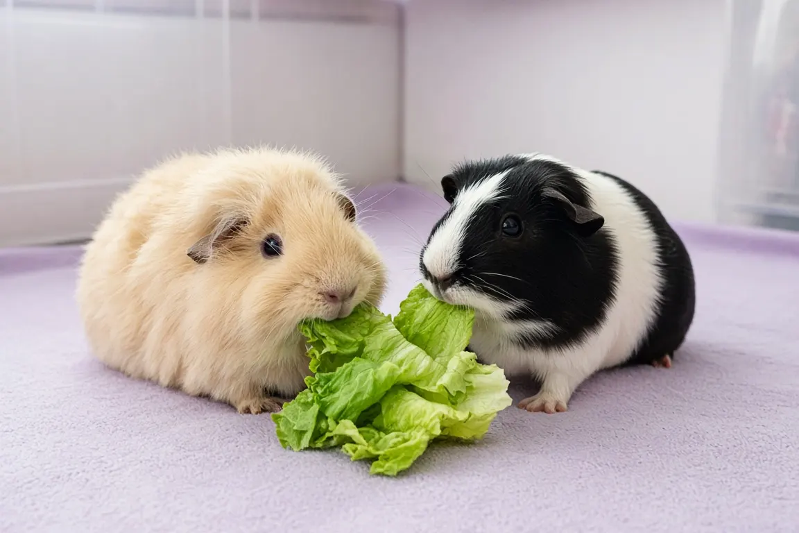 Two guinea pigs, a cream one and a black-and-white one, sharing a pile of fresh romaine lettuce on fleece bedding