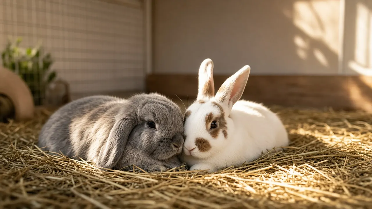 Two rabbits, one lop-eared and one upright-eared, resting together on hay in a sunlit indoor pen