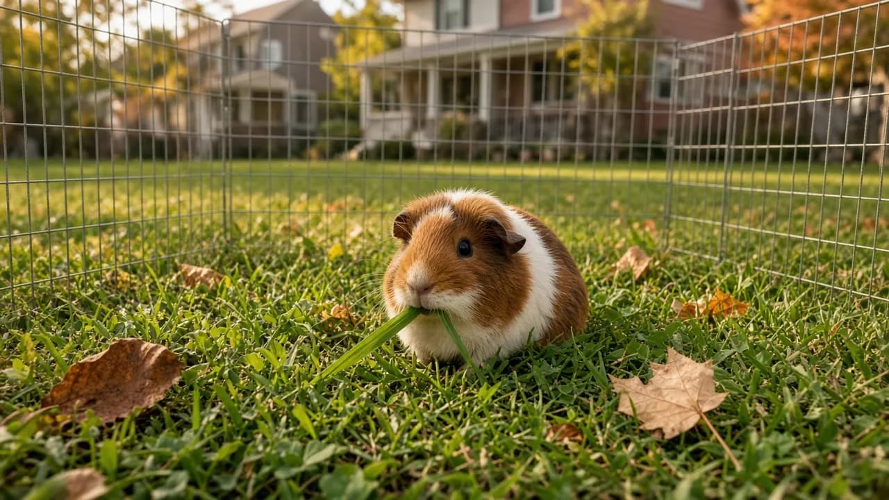 A guinea pig nibbling fresh grass in a small wire run on a suburban lawn in early autumn light