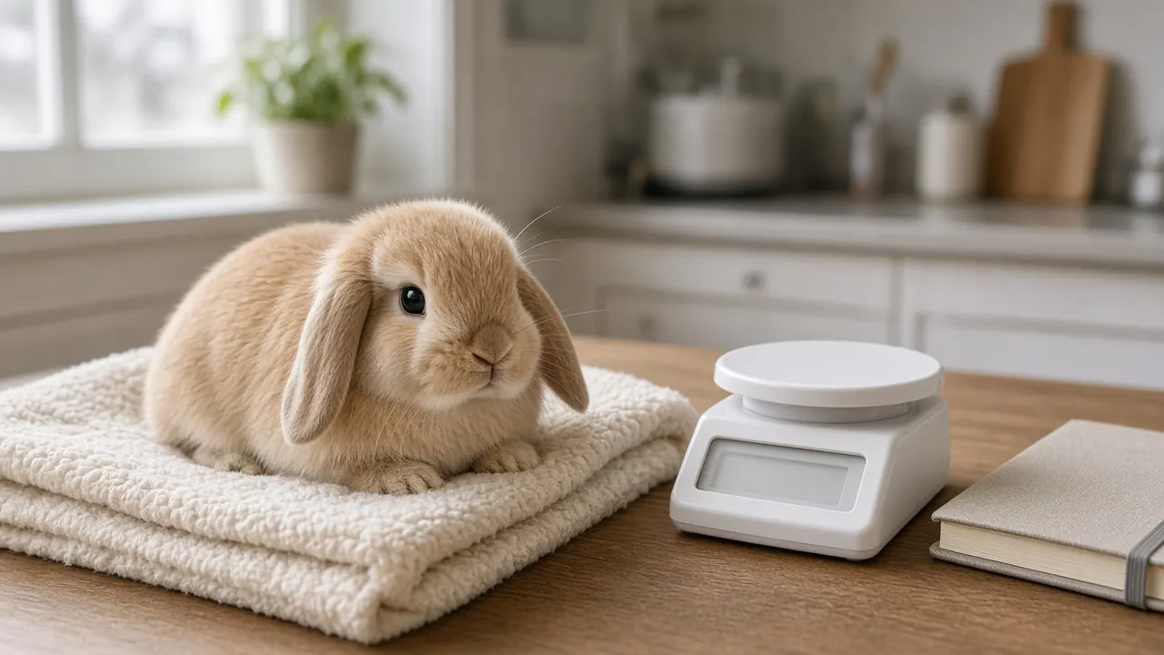A lop-eared rabbit resting on a blanket next to a notebook and a small kitchen scale