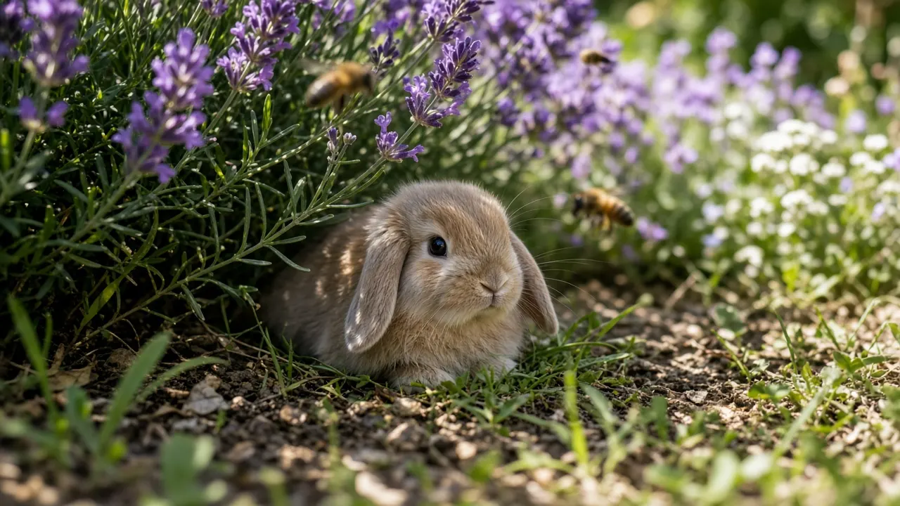 A lop-eared rabbit sitting in dappled shade beneath a lavender bush in a summer cottage garden