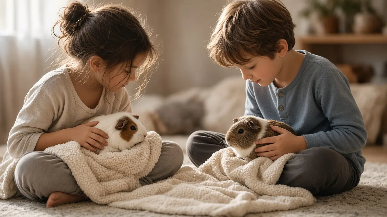 Two children sitting cross-legged on a rug, each gently holding a guinea pig on a fleece blanket in soft morning light