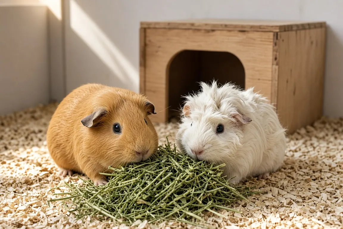 Two guinea pigs, one tan and one white, sharing a pile of fresh hay in a spacious pen