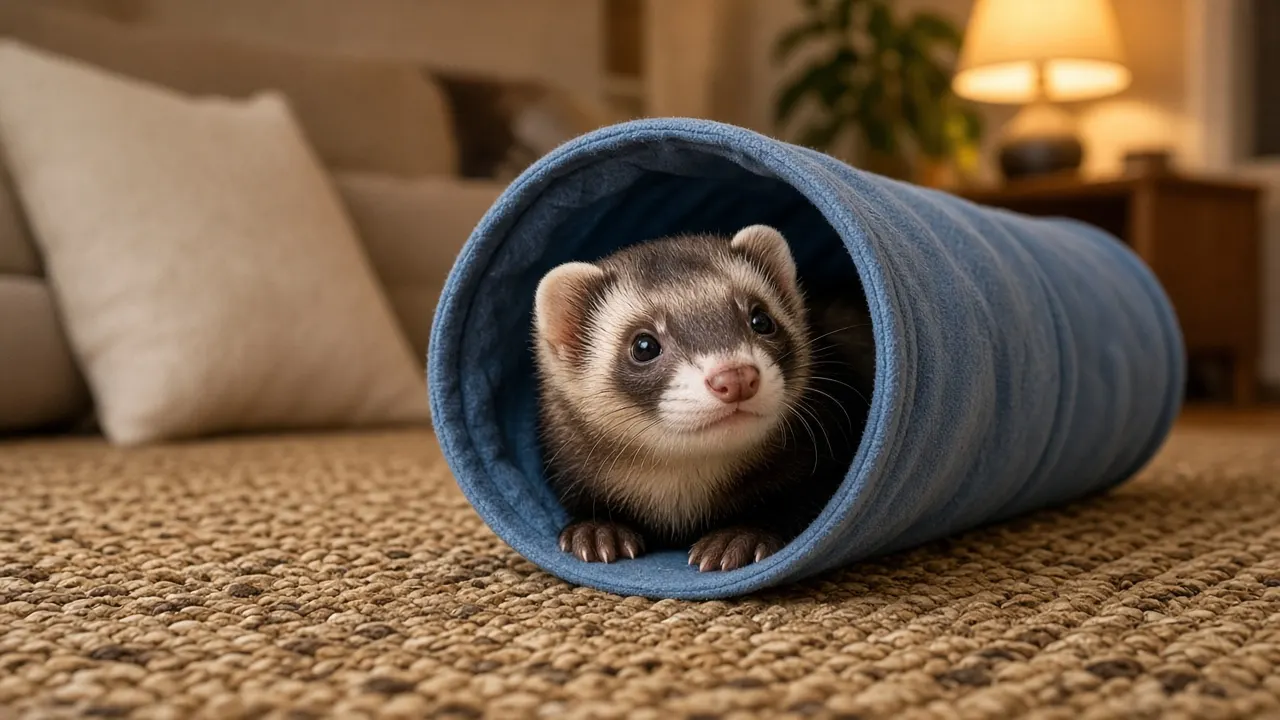 A sable ferret peeking out of a fabric tunnel on a living room rug