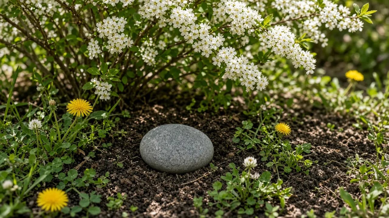 A small planted memorial spot under a flowering shrub with a smooth river stone and fresh dandelions in a spring garden