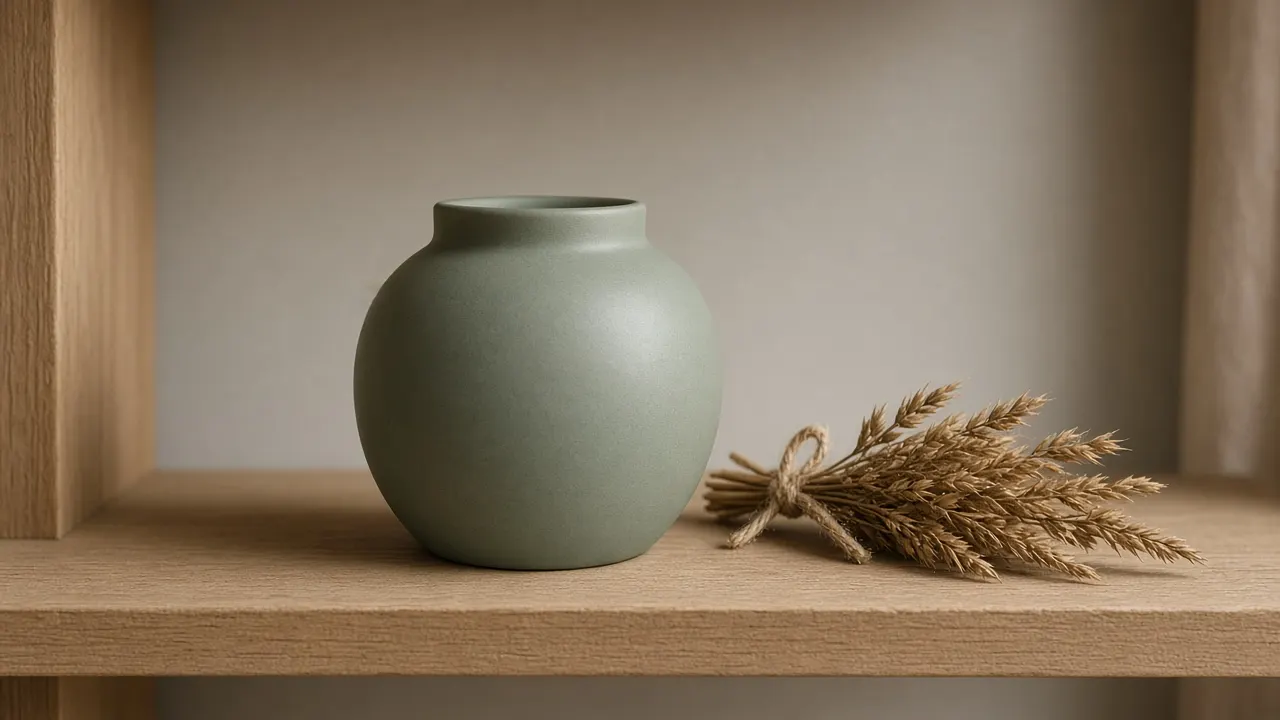A palm-sized ceramic keepsake urn in soft sage green on a wooden shelf next to a sprig of dried timothy hay