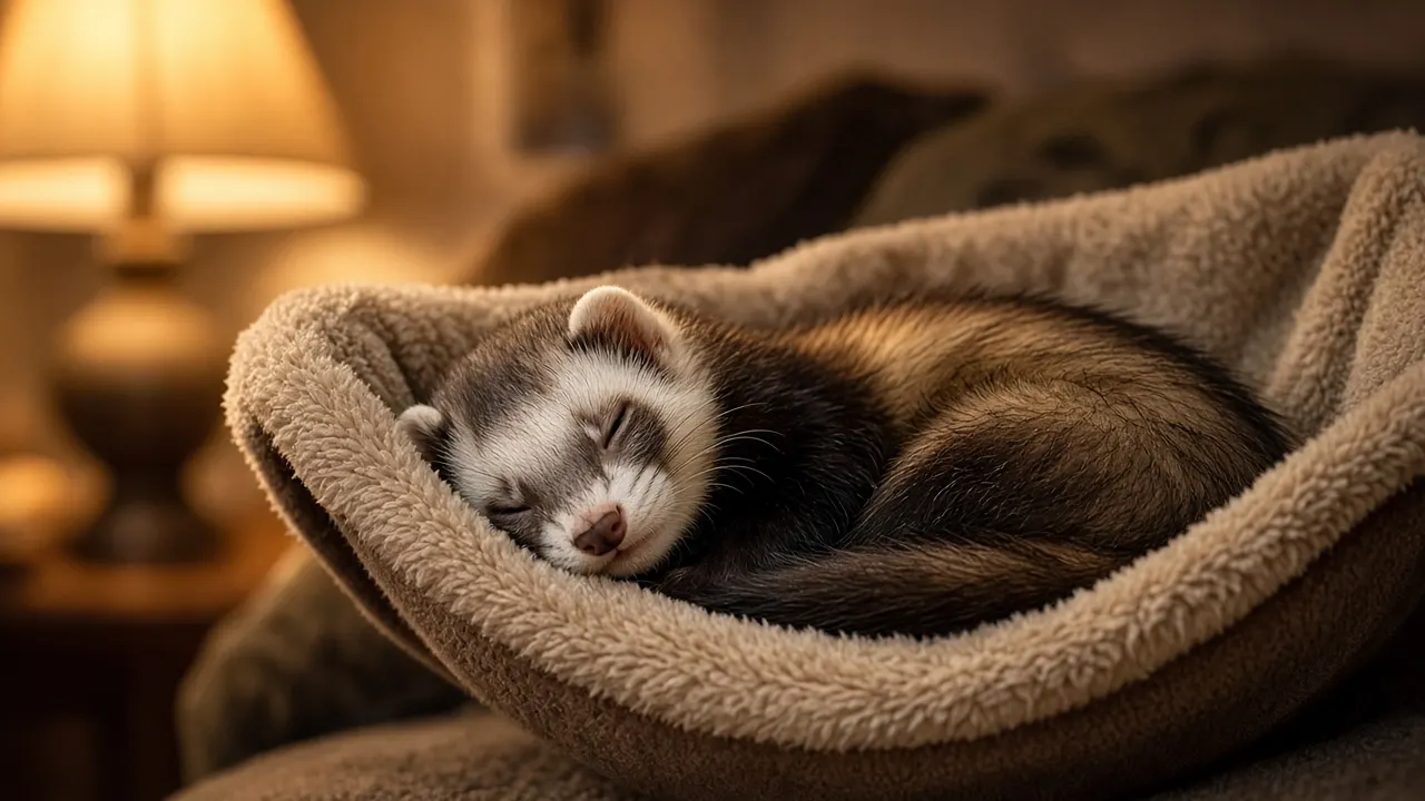 An older sable ferret with a pale, greying face curled up asleep in a fleece hammock in soft evening lamplight